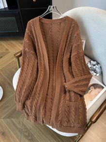 SHEIN CURVE+ Áo khoác len cardigan dài tay họa tiết đan dây thừng có túi cỡ lớn cho nữ, dành cho mùa đông - màu nâu - Xem 1