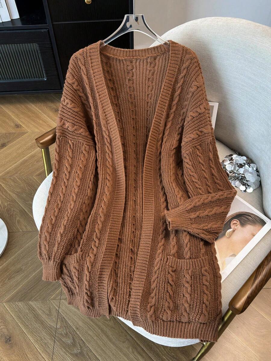 SHEIN CURVE+ Áo khoác len cardigan dài tay họa tiết đan dây thừng có túi cỡ lớn cho nữ, dành cho mùa đông - màu nâu - Xem 1