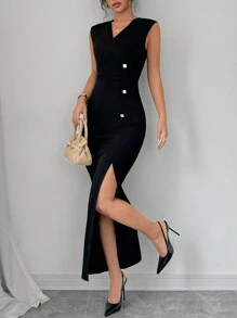 Elenzga Vestido largo y ajustado sin mangas con escote en V profundo y abertura lateral para mujer, conjunto de vestido negro largo para mujer - Negro - Ver 5