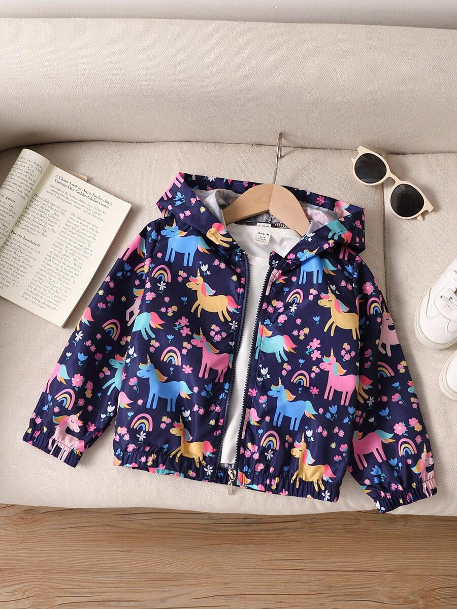 SHEIN 年轻女孩休闲百搭多场合秋冬新品可爱卡通独角兽和花卉印花连帽拉链夹克，藏青色，适合秋季、冬季、家居、日常穿着、保暖、防风、防雨、外套 - 藏蓝色 - 查看 1