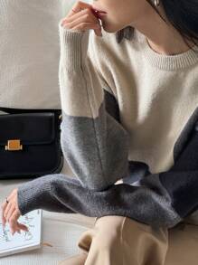 DAZY 女式撞色圆领休闲长袖毛衣、长袖上衣、秋装 - 彩色 - 查看 5