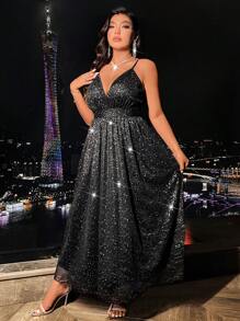 Plus Size Women Sequin Decor Spaghetti Strap Dress Party - Black - View 5