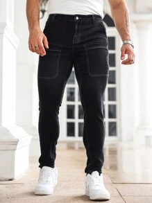 Manfinity Homme 男式休闲撞色针脚贴袋紧身牛仔裤 - 黑色 - 查看 3