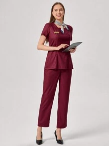 TaskEZ Burgundy Red Women Simple Badge Detail Waist Fitted Short Sleeve Top And Pants Work Uniform - Burgundy - View 5