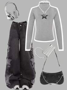 Tween Girls' Star Print Ribbed Stand Collar Long Sleeve Pullover Sweater - Grey - View 1