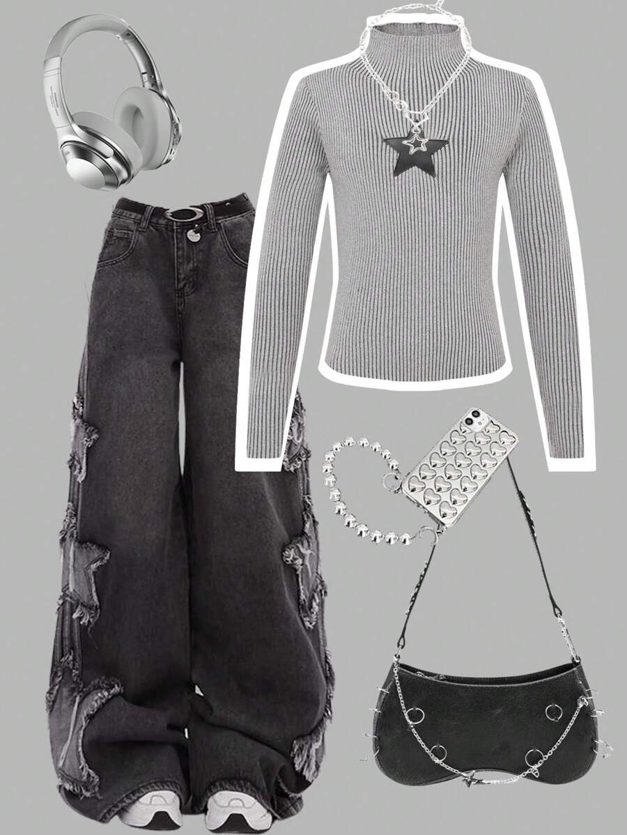 Tween Girls' Star Print Ribbed Stand Collar Long Sleeve Pullover Sweater - Grey - View 1