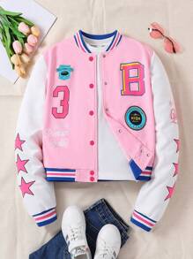 Teen Girls Letter Graphic Print Trim Varsity Jacket - Pink - View 1