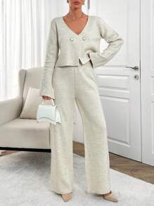 SHEIN 2pcs/Set V-Neck Casual Buttoned Cardigan And Pants - Beige - View 2