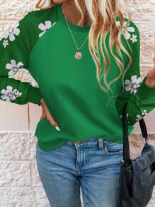 SHEIN LUNE 1 件 LUNE 品牌灰色雏菊花卉印花插肩袖运动衫 - 綠色 - 查看 1