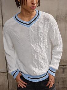 Forever 21 Men's Oversized Cable Knit Cricket Jumper In Blue With White Fall/Winter - White - View 2