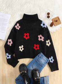 SHEIN Leap Crew Tween 女童休闲针织长袖上衣，秋冬款 - 黑色 - 查看 1