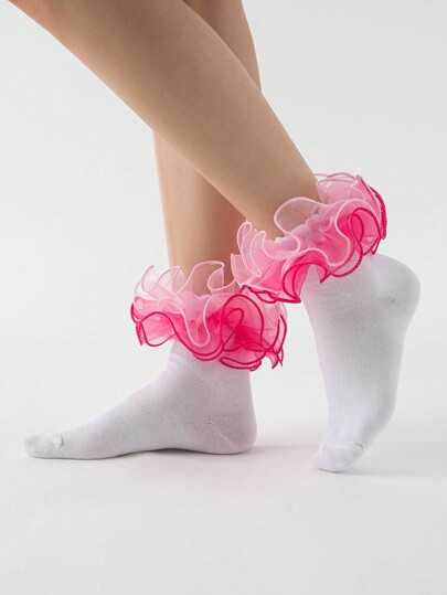 Kawaii Calzini donna a girocollo con rouches in rete a contrasto di colore