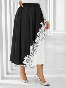 SHEIN Clasi Plus Size Women Woven Floral Grey Printed Asymmetrical Hem Elegant Skirt, Suitable For Autumn/Winter, Christmas & Halloween Party Fall Cloth For Women - Multicolor - View 3