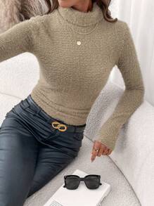 SHEIN Clasi Winter Elegant Women's Warm And Comfortable Long Sleeve High Neck Imitation Sweater Elastic Slimming Top,Heated Top,Thermal Top - Khaki - View 4