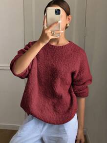 DAZY 1pc Women Solid Color Loose Long Sleeve Crew Neck Sweater,Fall Women Clothes - Red - View 5
