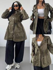 Flirla Plus Size Solid Color Zipper Front Drawstring Waist Pouch Hooded Jacket