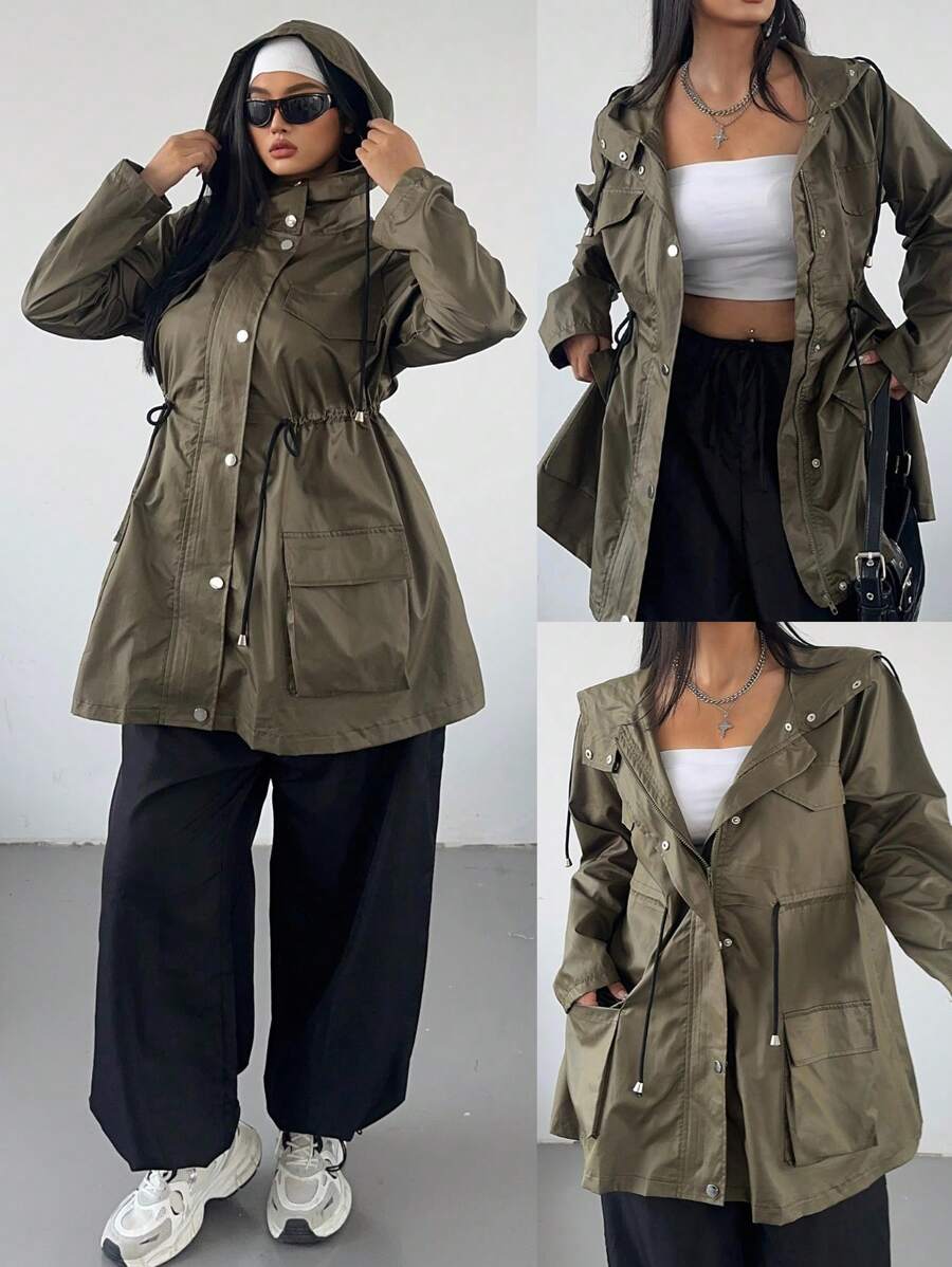 Flirla Plus Size Solid Color Zipper Front Drawstring Waist Pouch Hooded Jacket