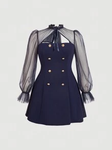 SHEIN MOD 大码女式黑色高领撞色网眼喇叭袖系带长袖连衣裙，背部饰有透明蝴蝶结，开学连衣裙 - 藏蓝色 - 查看 1