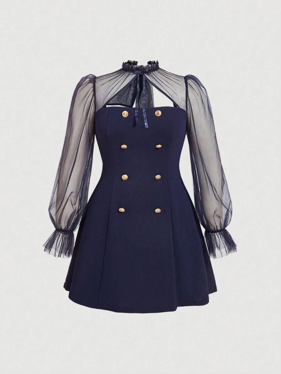 SHEIN MOD 大码女式黑色高领撞色网眼喇叭袖系带长袖连衣裙，背部饰有透明蝴蝶结，开学连衣裙 - 藏蓝色 - 查看 1