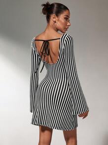 SHEIN SXY Women's Long Sleeve Simple Stripe Mini Dress, Casual For Daily Wear - Black - View 2