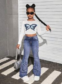 Tween Girls' Y2K Retro Washed Butterfly Shaped Patchwork Flared Jeans With Pockets And Raw Hem,Girls Fall Back To School Streetwear - Medium Wash - View 3