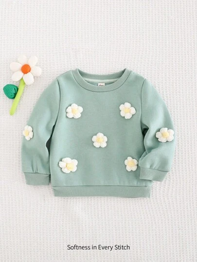 Cozy Pixies 女婴 3D 花卉图案圆领落肩套头衫，可爱休闲，适合秋冬季