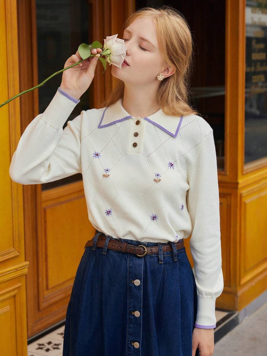 SHEIN Black Friday x Star Picks Simple Retro 羊毛刺绣拼布 Polo 衫 - 白色 - 查看 1