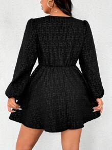 SHEIN Clasi Plus Size Elegant Solid Color Jacquard Lantern Sleeve Deep V-Neck Dress For Autumn - Black - View 3