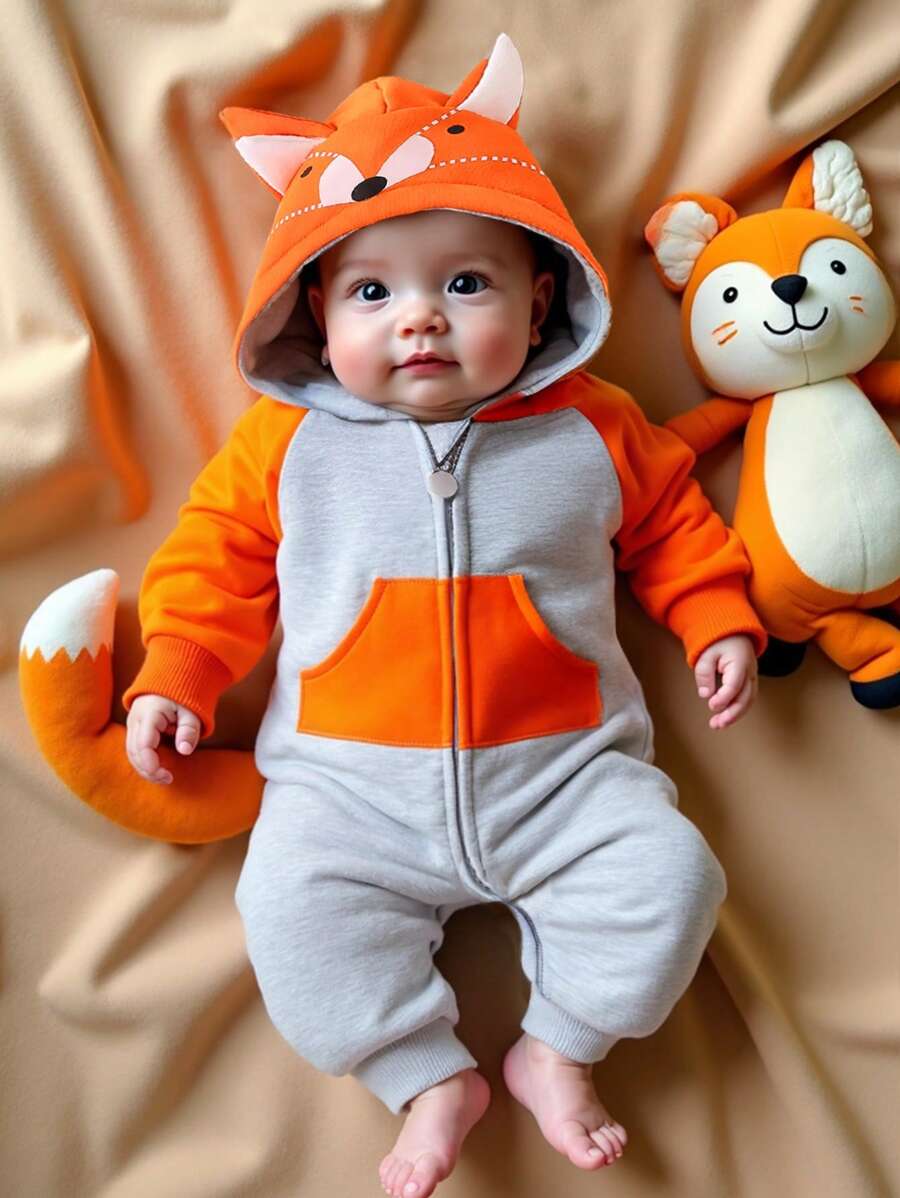 SHEIN Bộ đồ liền thân màu cam in hình tai cáo dễ thương cho bé trai sơ sinh, Thu/Đông - Nhiều màu - Xem 1