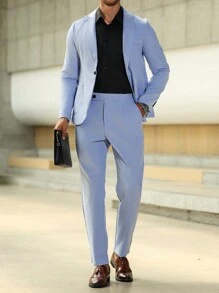 Manfinity Mode Bộ quần áo vest nam cổ lọ tay dài cài nút phía trước màu trơn, quà tặng cho bạn trai - Màu Lilac Tím - Xem 3