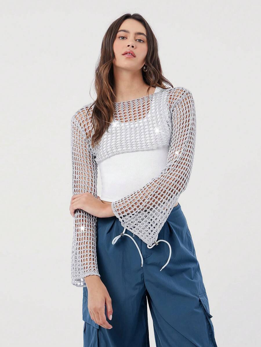 SHEIN EZwear 女士纯色镂空喇叭袖短款套头衫，秋季 - 銀色 - 查看 1