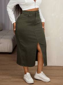 SHEIN SXY 大码女式口袋开衩下摆长款休闲牛仔半身裙 - 軍綠色 - 查看 5