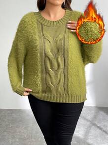 SHEIN Privé Plus Size Loose Fit Cable Knit Splice Fluffy Collar Warm Pullover Sweater For Autumn/Winter
