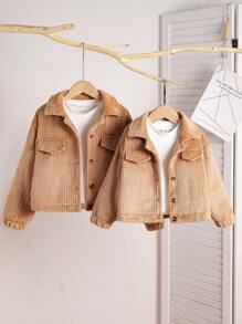 Girls' Thick Fleece Collar Warm Jacket With Faux Pockets And Snap Button Closure, Sibling Outfits Matching Style (2 Pieces Sold Separately) - Khaki - View 3