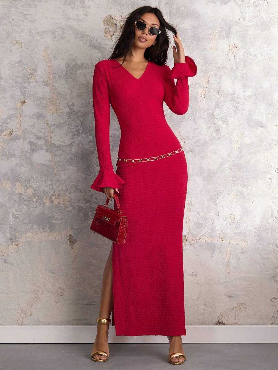 COSMINA Vestido de manga larga con cuello en V y abertura hasta el muslo de un solo color para mujer