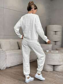 SHEIN LUNE 2pcs/Set Women Casual Letter Embossed Round Neck Long Sleeve Top And Pants Outfit, Loose Fit, Autumn