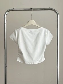 SHEIN BASICS Casual Solid Color Knit Square Neck Short Sleeve Fitted Women T-Shirt