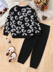 2pcs Leopard Print Sweater Set For Young Girls, Includes Round Neck Pullover Sweater And Knit Pants - Black - View 2