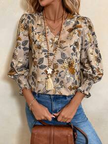 EMERY ROSE 女士 V 领长袖花卉印花休闲衬衫