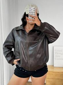 SHEIN EZwear Plus Size Casual Street-Style Drop Shoulder Loose Zip-Up Jacket With Side Pockets, PU Leather In Fall/Winter - Brown - View 6