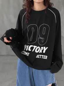 FRIFUL Women Oversized T-Shirt With Lace Patchwork, Letter & Print, Colorblock Long Sleeve Women Tops - Black - View 1