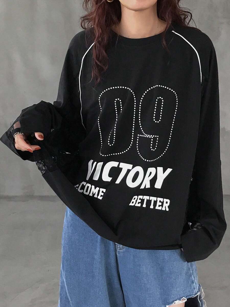 FRIFUL Women Oversized T-Shirt With Lace Patchwork, Letter & Print, Colorblock Long Sleeve Women Tops - Black - View 1