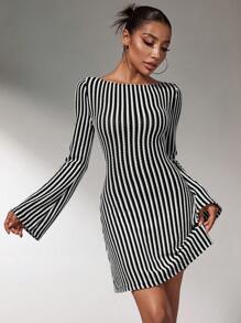 SHEIN SXY Women's Long Sleeve Simple Stripe Mini Dress, Casual For Daily Wear - Black - View 5