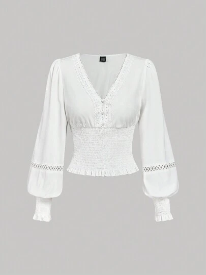 SHEIN MOD 白色复古浪漫蕾丝边饰女士长袖衬衫，镂空服装女士衬衫外出上衣墨西哥海盗风上衣