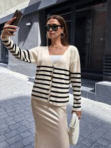 EURMUSE Women Casual Striped Button Front Drop Shoulder Cardigan, Suitable For Autumn - Black and White - View 4