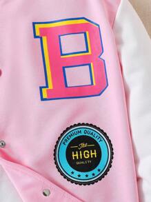 Teen Girls Letter Graphic Print Trim Varsity Jacket - Pink - View 7