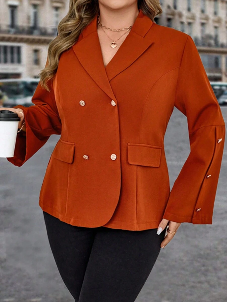 SHEIN Unity Blazer casual à manches longues simple et basique pour femmes en grande taille, pour un port quotidien - Camel - Voir 1
