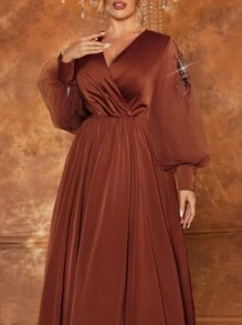 Glamrae Vestido de noche formal elegante francés de manga princesa, minimalista, de línea A, con aplicaciones de lujo en color marrón café, talla grande, para invitados de boda, graduación, cena - Café integral - Ver 2