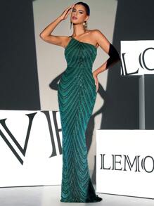 Vestido formal asimétrico cuello con fruncido y lentejuelas, vestido de gala elegante para fiesta de graduación, cena o eventos, vestido de invitada de boda - Verde Oscuro - Ver 1