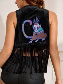 ISELACOS Frida Kahlo X SHEIN X Designer Embroidery Fringe Hem Tank Top, Holiday, Thanksgiving, Spring & Summer, Going Out, Festival - Black - View 5